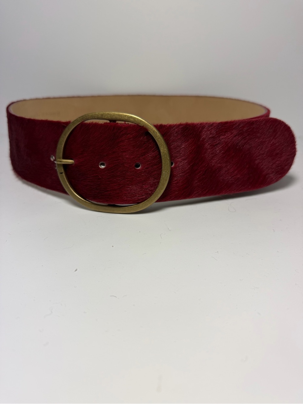 Streets Ahead Pony Hair On leather Hide Belt wide Sz Small Red Bronze Buckle USA
